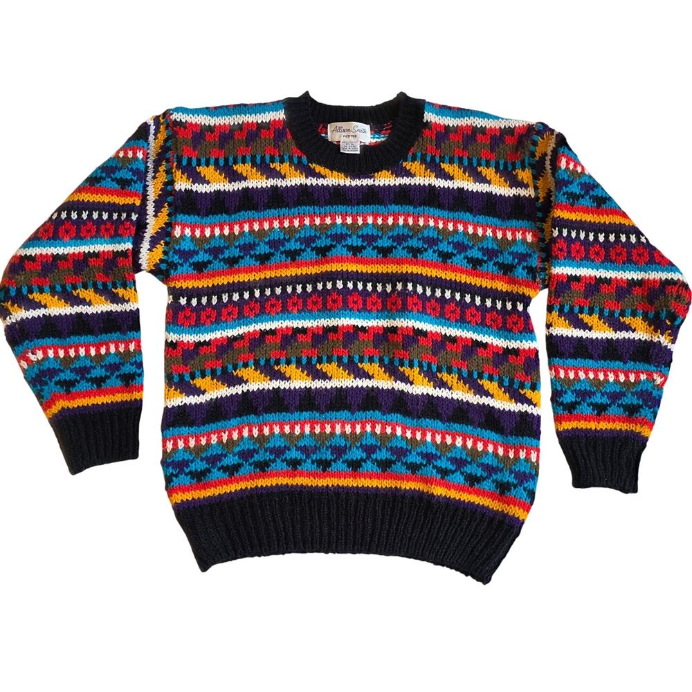 Vintage Allison Smith Geometric Fair Isle Knit Sweater Petites‎ Medium Bright